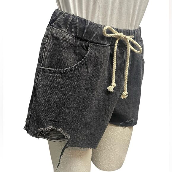 Wish List denim jean shorts,distressed pull on w/ draw string, black size S - Picture 3 of 5